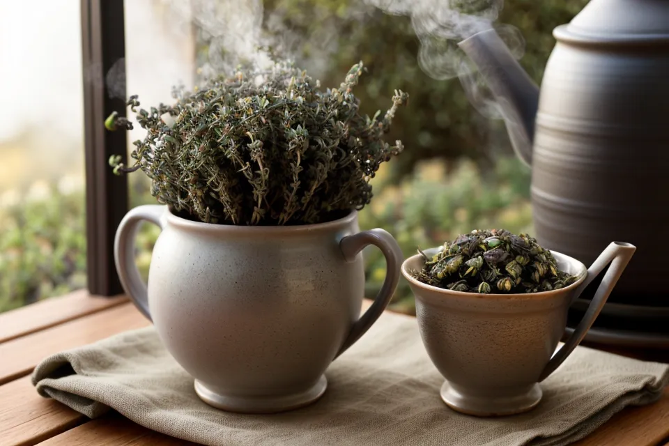 Tasse d'infusion au thym sur un balcon au lever du soleil