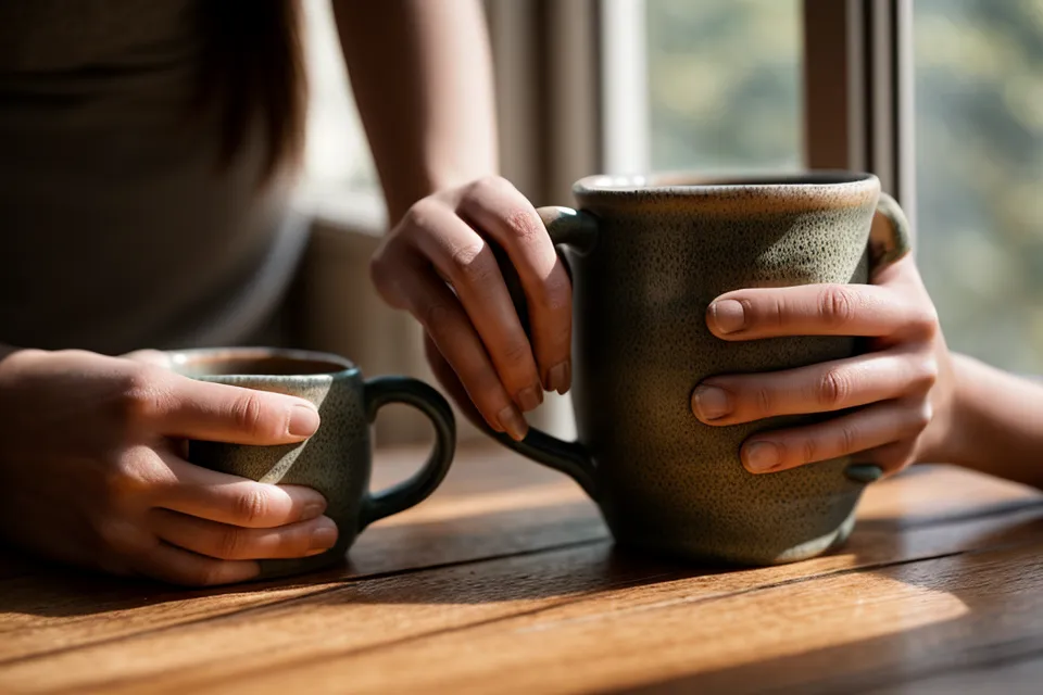 Mains nerveuses tenant une tasse de café pendant le sevrage tabagique
