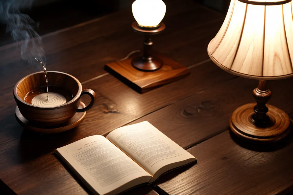 Journal de bord ouvert et tasse de verveine fumante sous une lumière tamisée.