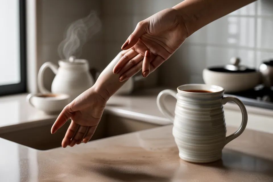 Main d'une femme saisissant une tasse de café dans une cuisine lumineuse