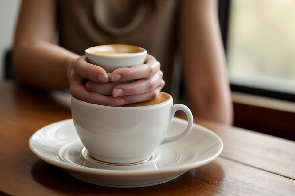 Mains tremblant légèrement en tenant une soucoupe de café
