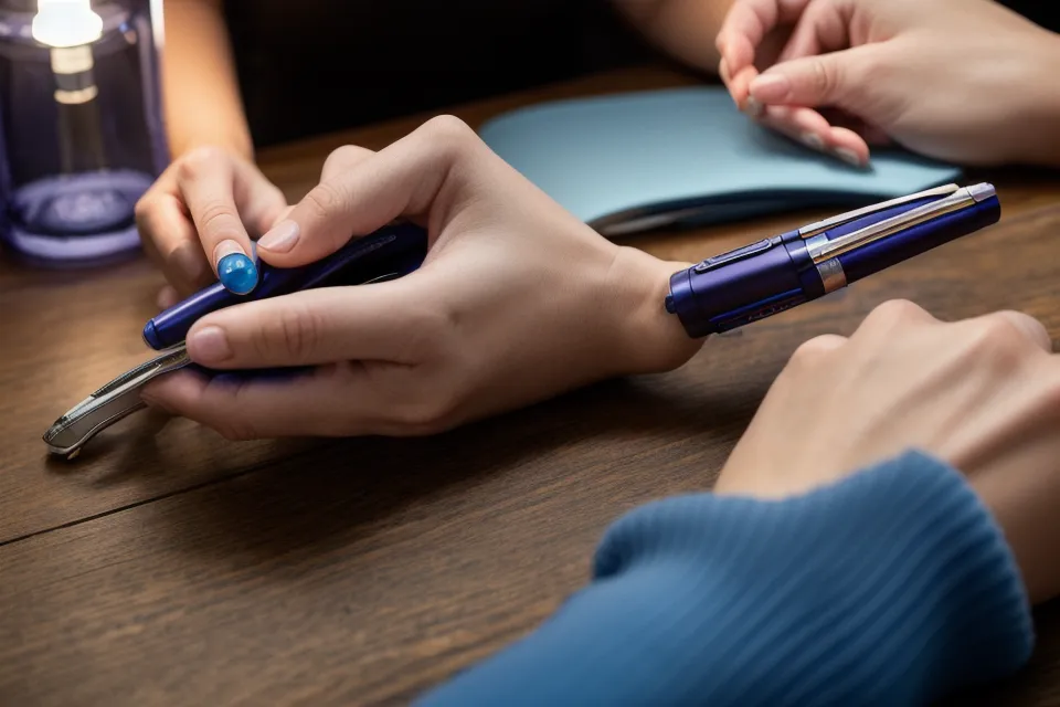 Gros plan d'une main serrant nerveusement un stylo à côté d'un smartphone