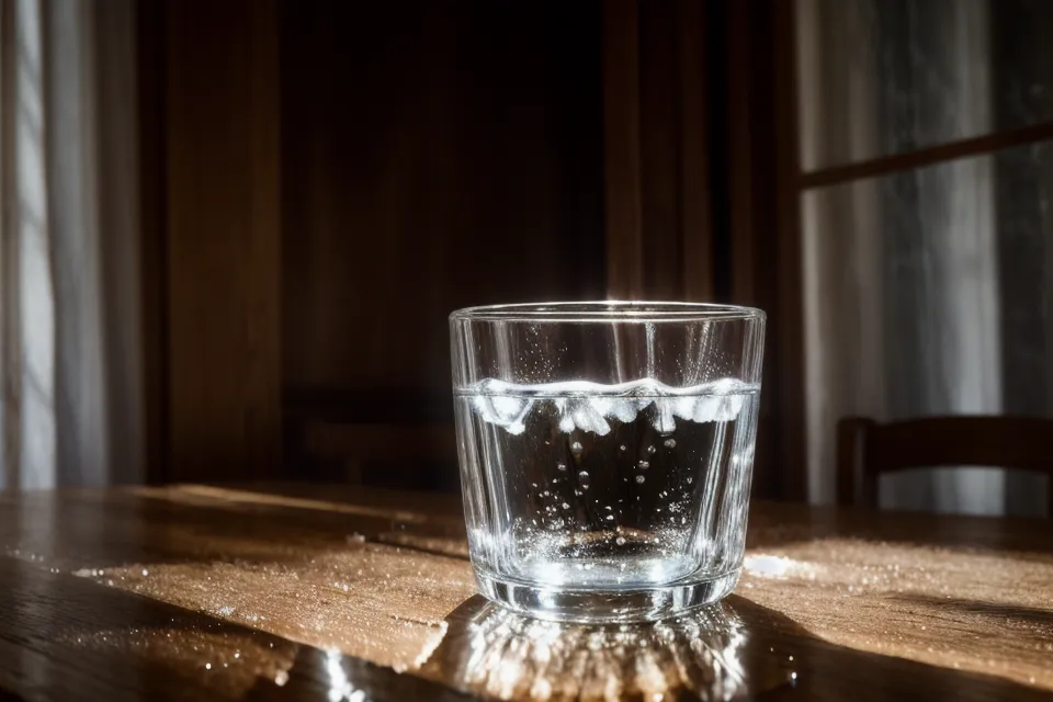 Un verre d'eau et un ticket de caisse trituré sur une table en bois