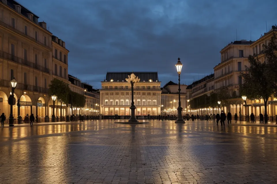 Vue paisible de la Place de la Comédie à Montpellier au crépuscule